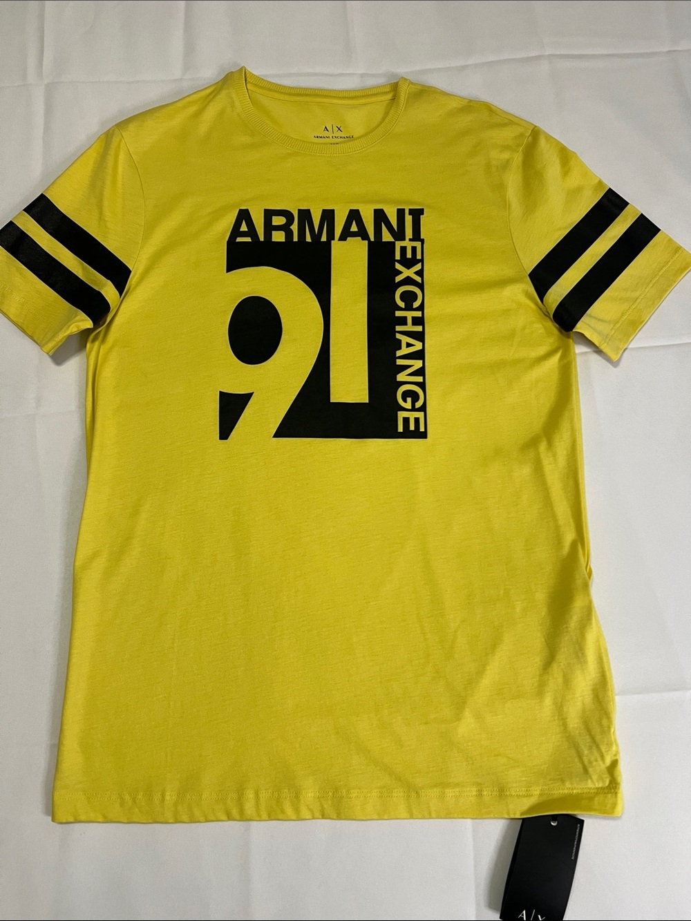 Armani Exchange Yellow Tee with Black Graphic and Sleeve Stripes